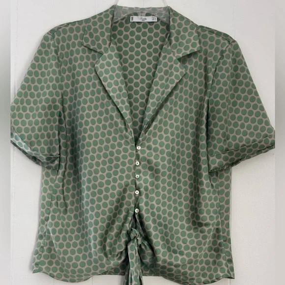 MNG Suit Women's Polka Dot Cuffed Short Sleeve Tie Front Blouse Size Large - Picture 3 of 8